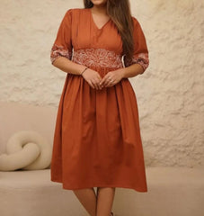 Rust Cotton Embroidered Dress