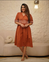 Rust Cotton Embroidered Dress