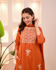 Thread Embroidery Orange Cotton Kurta Set With Dupatta