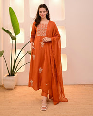 Thread Embroidery Orange Cotton Kurta Set With Dupatta