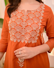 Thread Embroidery Orange Cotton Kurta Set With Dupatta