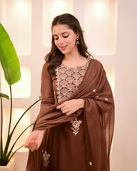 Thread Embroidery Brown Cotton Kurta Set With Dupatta