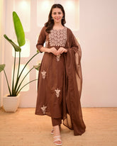 Thread Embroidery Brown Cotton Kurta Set With Dupatta