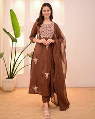 Thread Embroidery Brown Cotton Kurta Set With Dupatta
