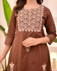 Thread Embroidery Brown Cotton Kurta Set With Dupatta