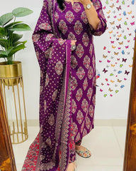 Women Cotton Embroidered Wine Straight kurta 3pc