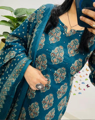 Women Cotton Embroidered Blue Straight kurta 3pc set