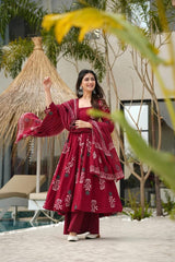 Maroon Cotton Anarkali Set With Dupatta