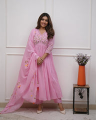Baby Pink Floral Embroidered Cotton Anarkali set