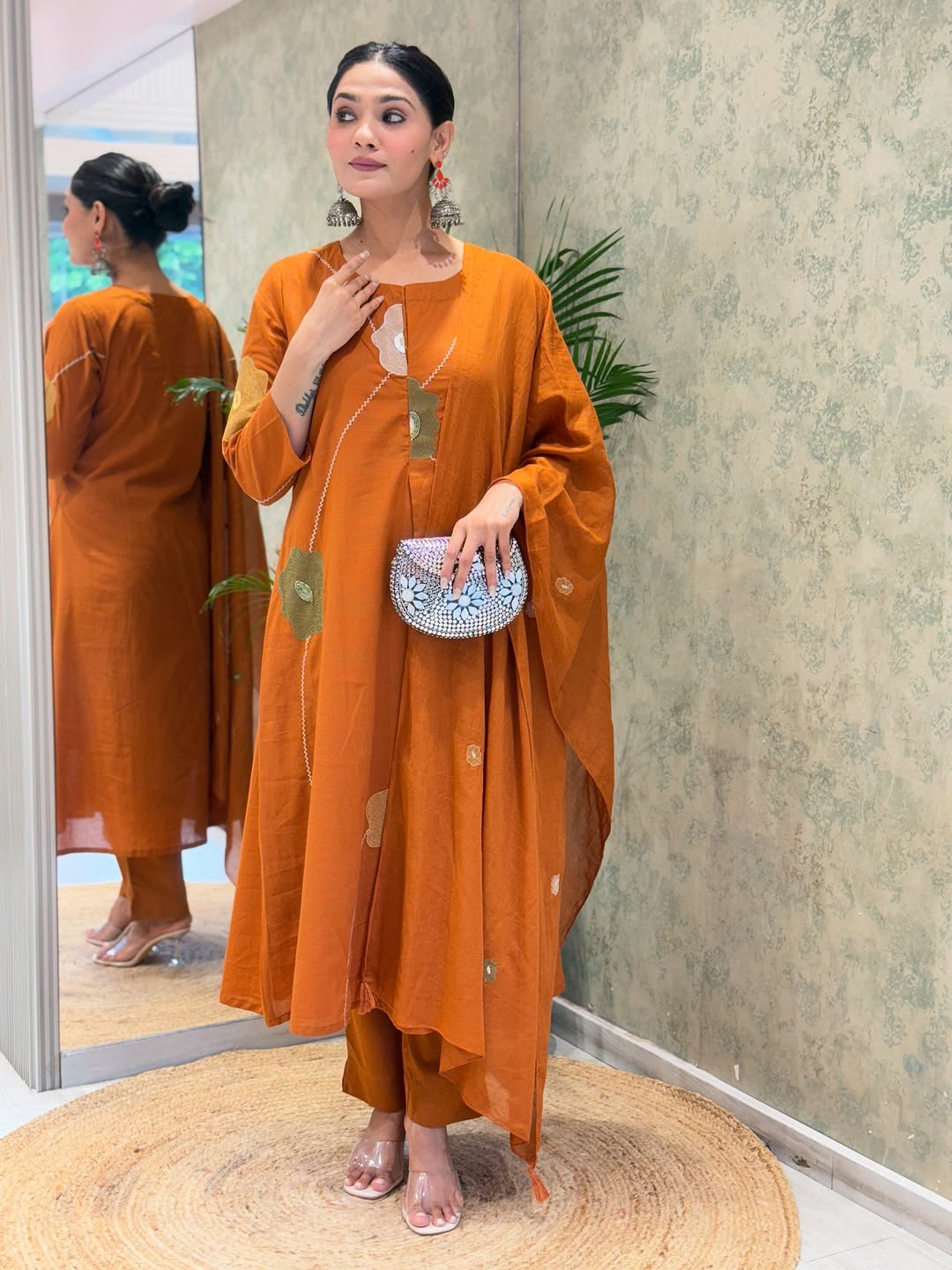 Orange embroidered Anarkali 3pc set