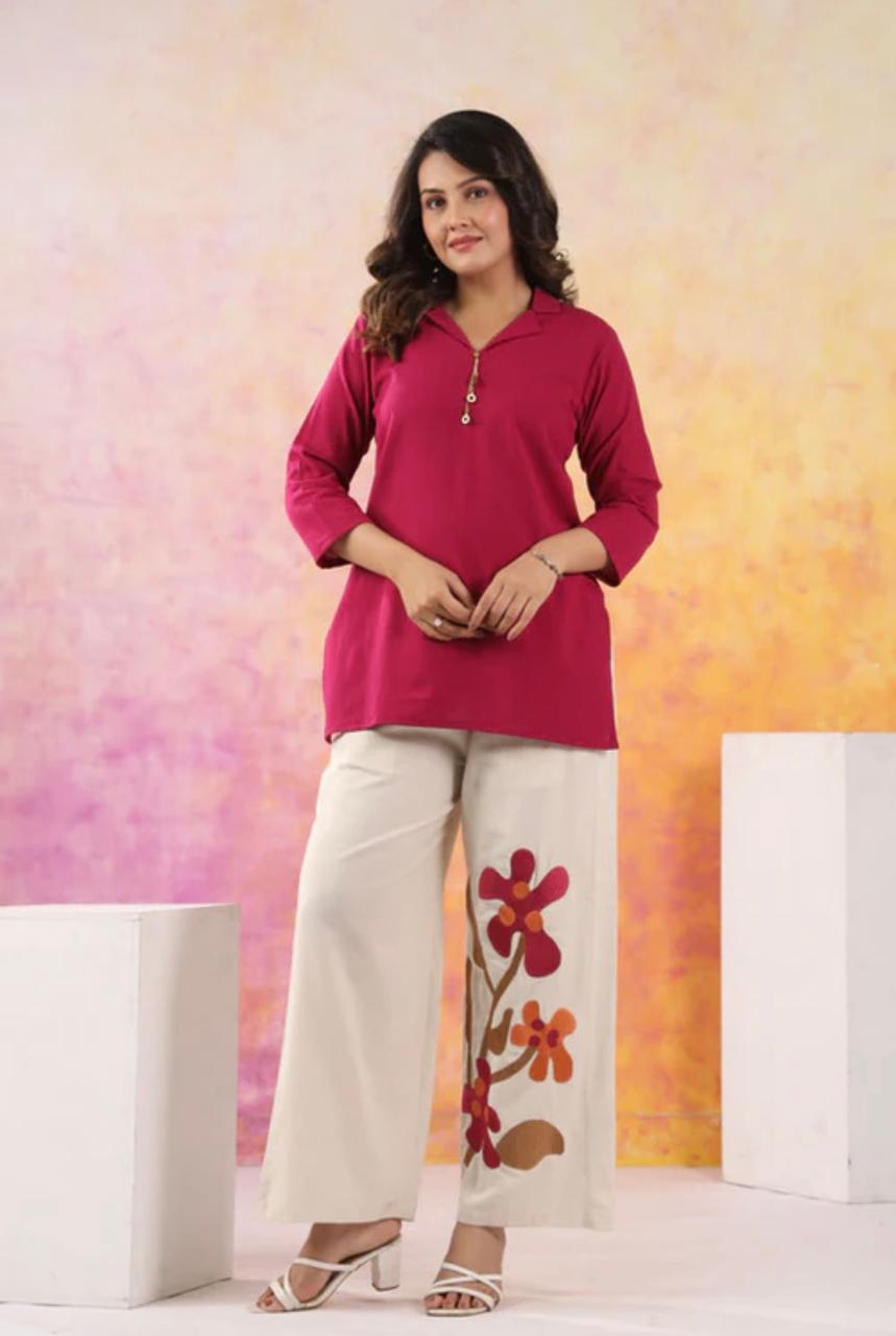 Berry Bloom wine cotton flex embroidered co-ord set ￼