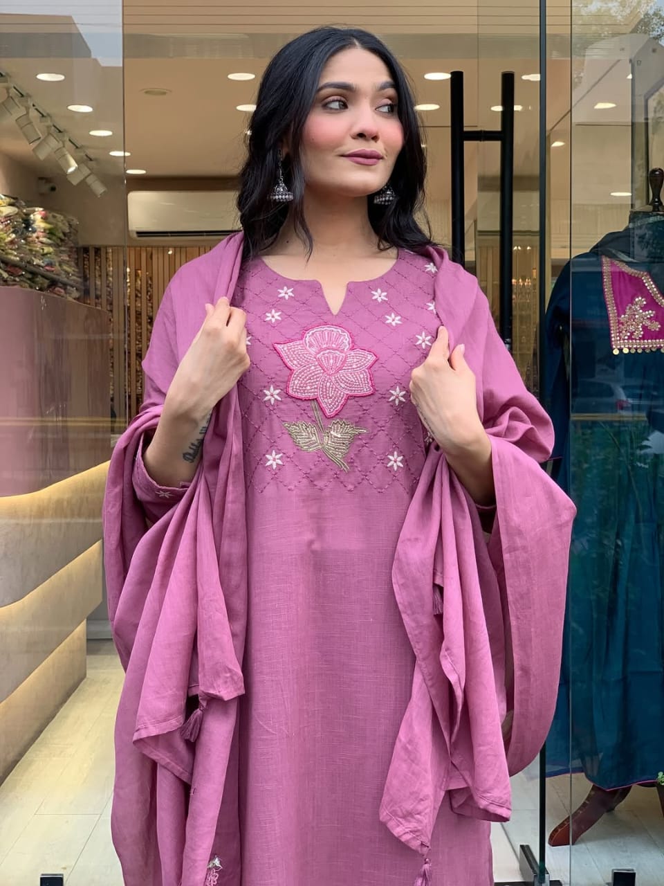 Rose Bloom Embroidered Cotton Dupatta Set