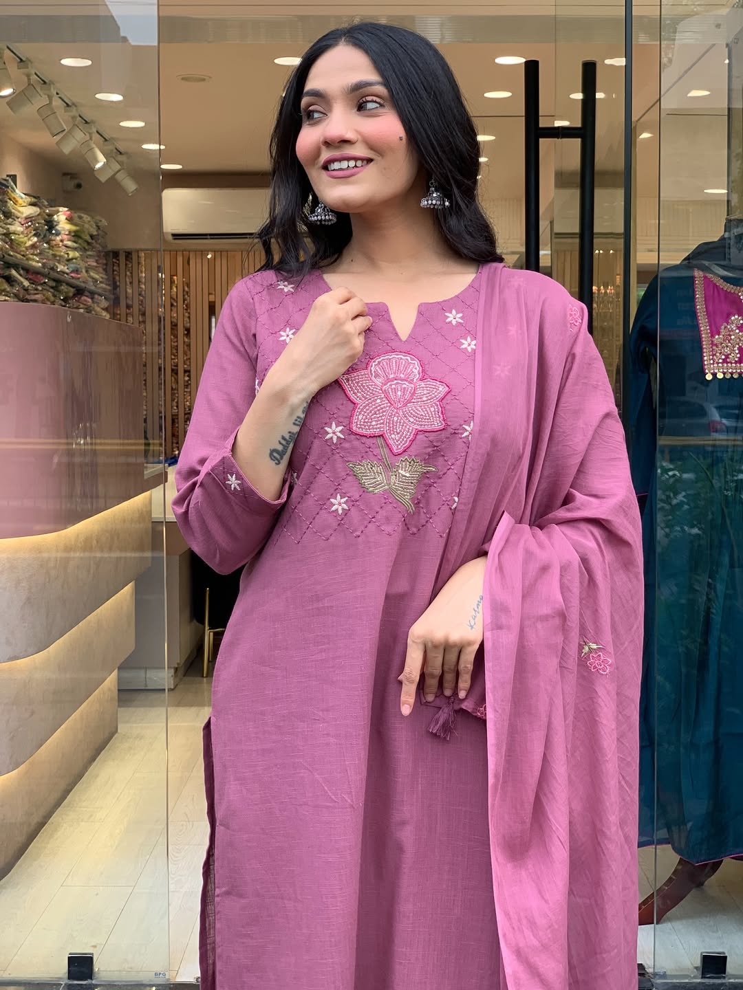 Rose Bloom Embroidered Cotton Dupatta Set