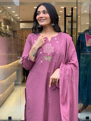 Rose Bloom Embroidered Cotton Dupatta Set