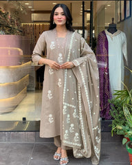 Cotton Beige Discharge Print Kurta 3pc set