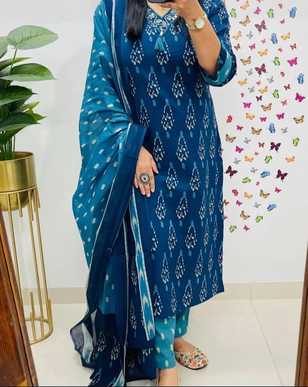 Blue Ikat Cotton Kurta Set With Dupatta