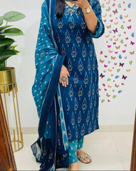Blue Ikat Cotton Kurta Set With Dupatta