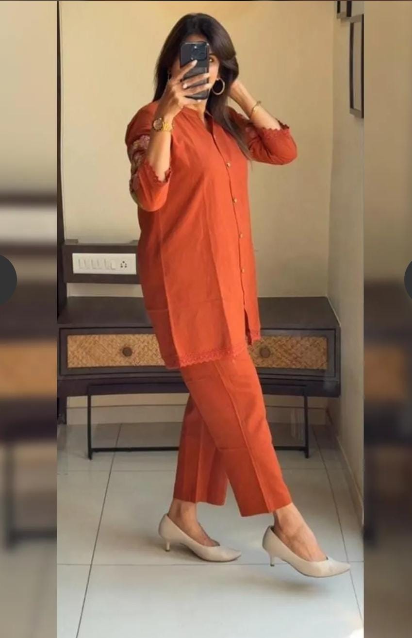 Embroidered Orange Cotton Co-Ord Set
