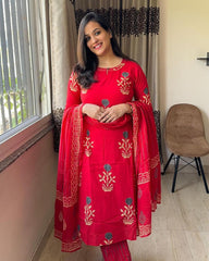 Red Cotton Printed Kurta Pant Set with Dupatta