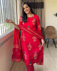 Red Cotton Printed Kurta Pant Set with Dupatta