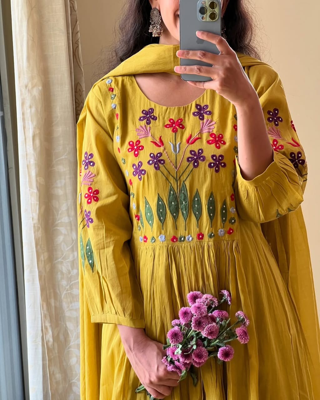 Yellow Embroidered Cotton Anarkali 3pc Set