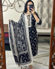 Black printed Rayon 3pc Kurta Set