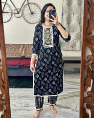 Black printed Rayon 3pc Kurta Set