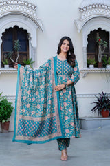 Rama Green Cotton Embroidered Anarkali Set