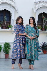 Rama Green Cotton Embroidered Anarkali Set
