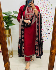 Women Red Cotton 3pc Kurta Set