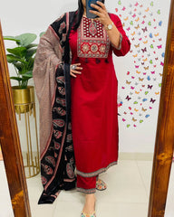 Women Red Cotton 3pc Kurta Set
