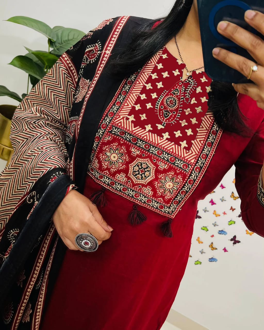 Women Red Cotton 3pc Kurta Set