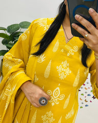 Yellow Embroidered Cotton 3pc Kurta Set
