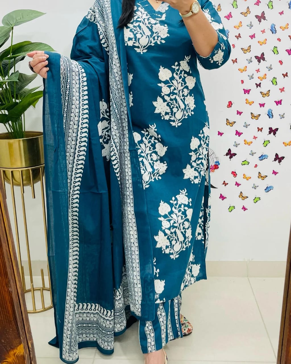 Women Sequence Cotton Blue 3pc Kurta Set