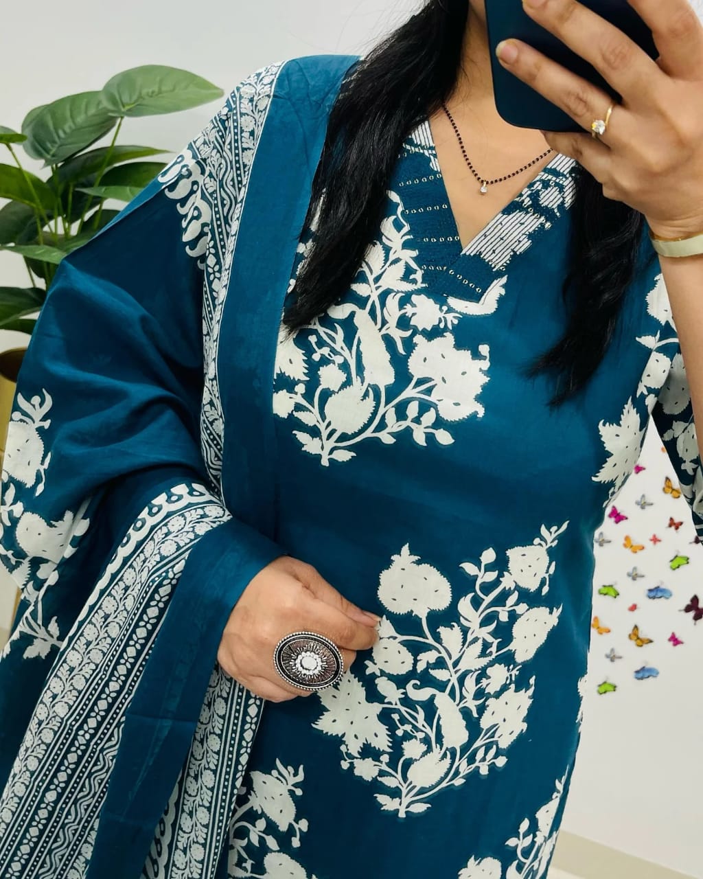 Women Sequence Cotton Blue 3pc Kurta Set