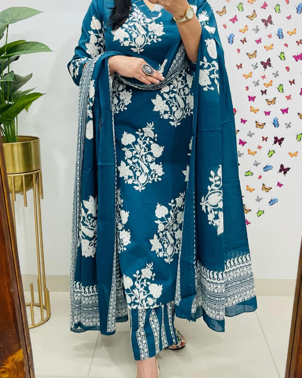 Women Sequence Cotton Blue 3pc Kurta Set