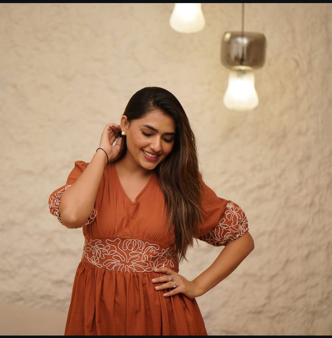 Rust Cotton Embroidered Dress