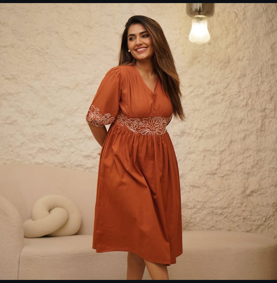Rust Cotton Embroidered Dress