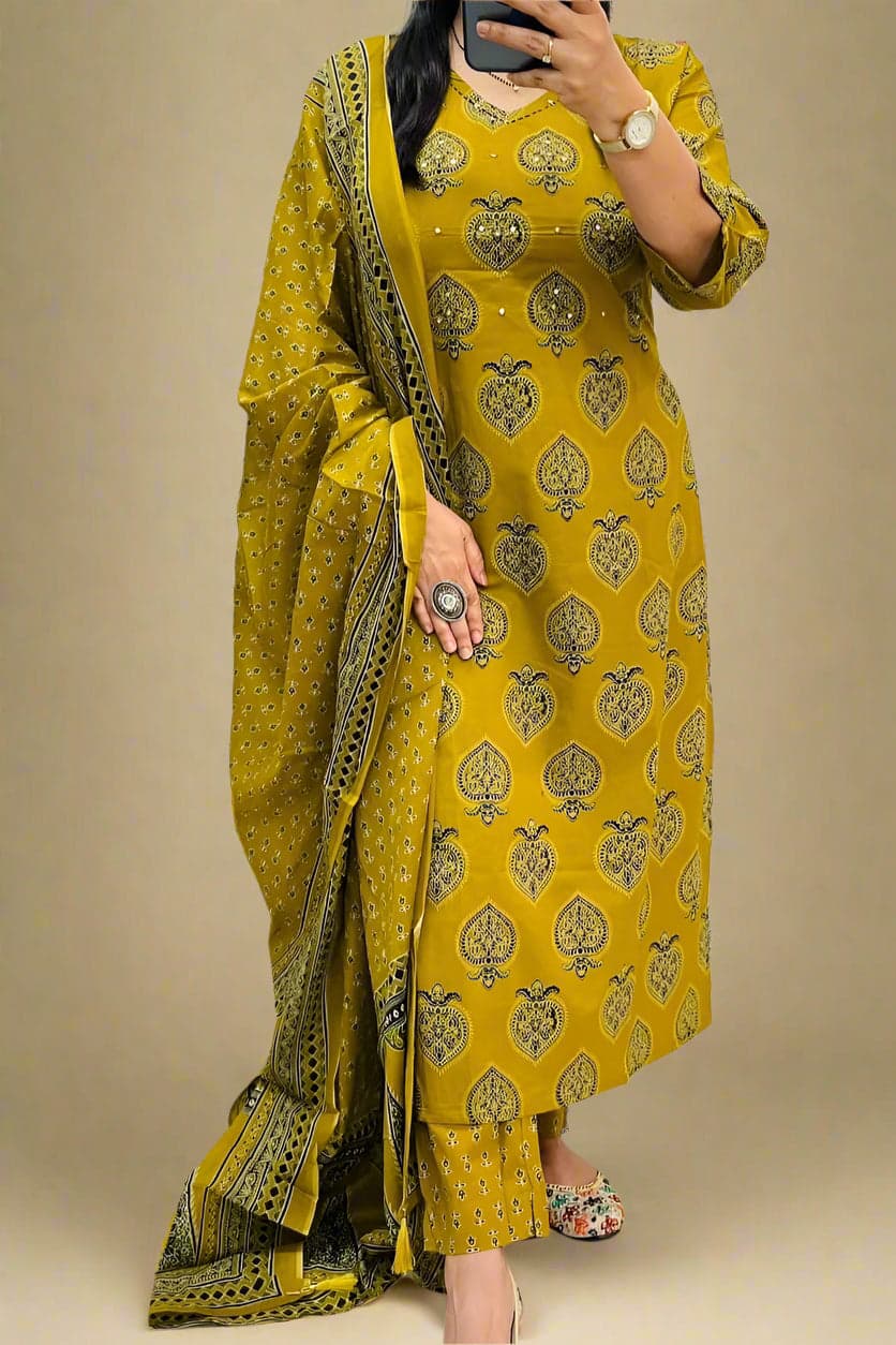 Mustard Cotton Embroidered Wine Straight Kurta 3pc Set