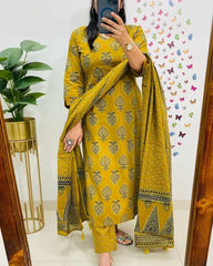 Mustard Cotton Embroidered Wine Straight Kurta 3pc Set