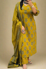 Mustard Cotton Embroidered Wine Straight Kurta 3pc Set