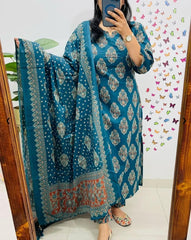 Women Cotton Embroidered Blue Straight kurta 3pc set