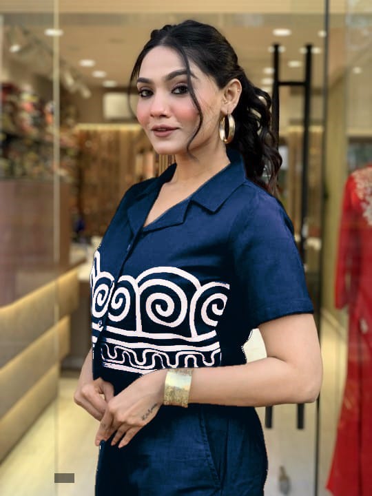 Women Blue Cotton Chic Embroidery Co-Ord Set