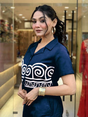 Women Blue Cotton Chic Embroidery Co-Ord Set