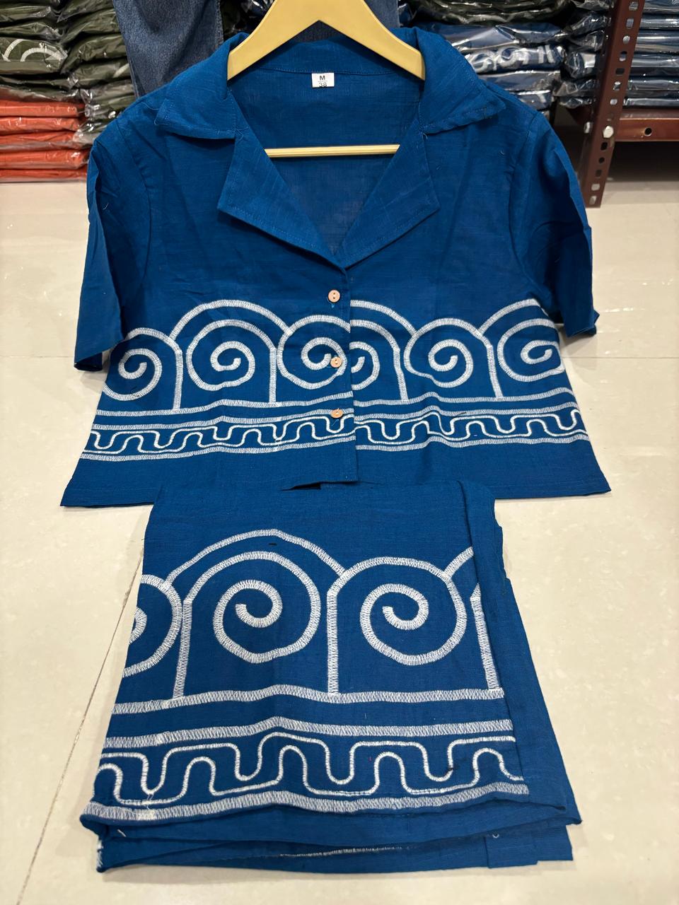 Women Blue Cotton Chic Embroidery Co-Ord Set
