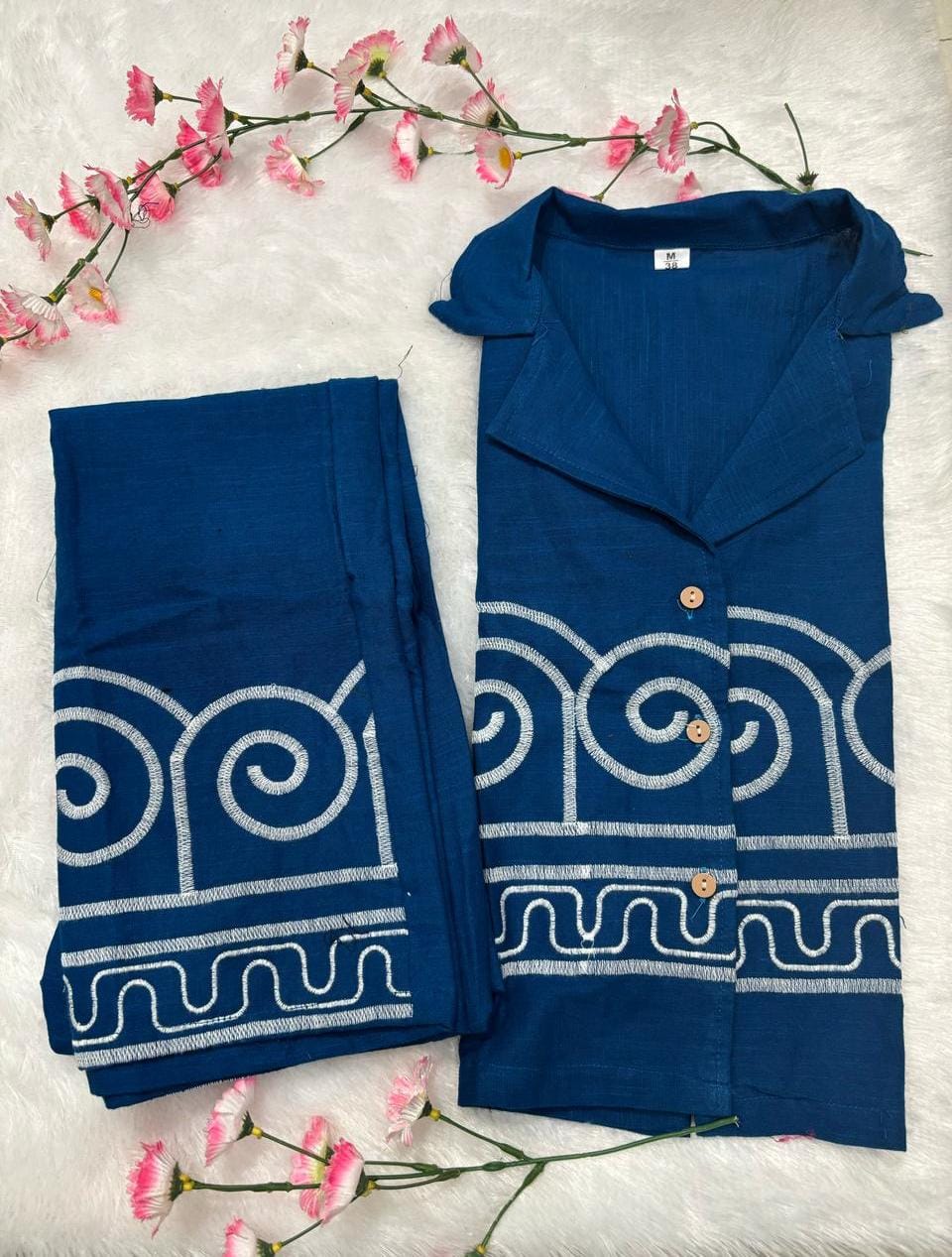 Women Blue Cotton Chic Embroidery Co-Ord Set