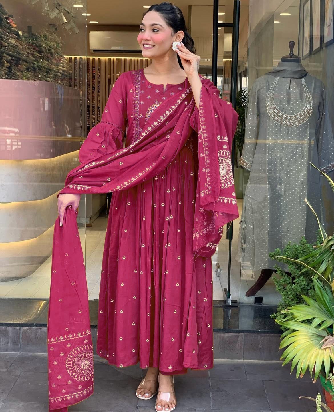 Berry Embroidered Peacock Anarkali set